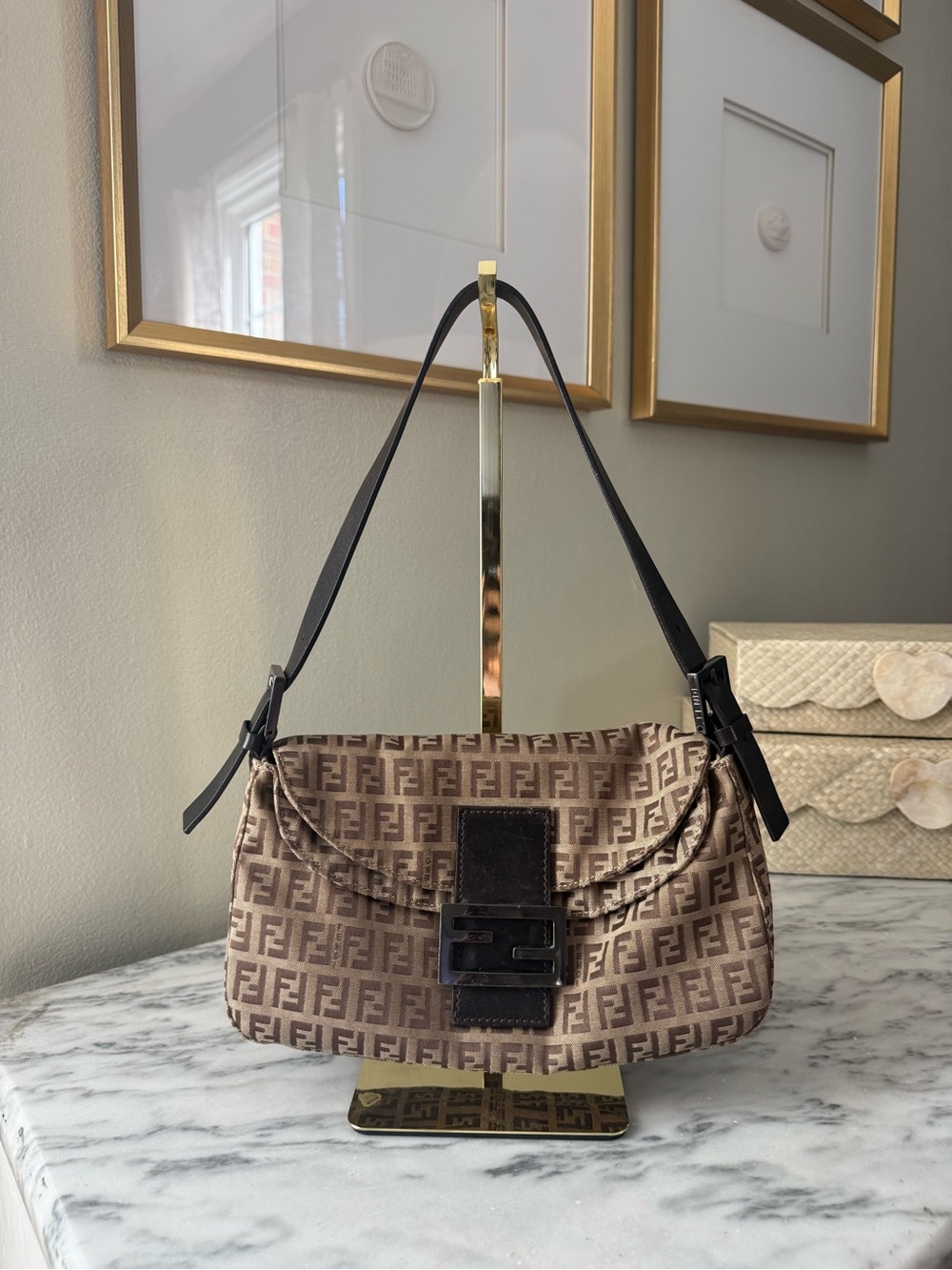 Fendi Baguette FF Logo Baguette Shoulder Bag